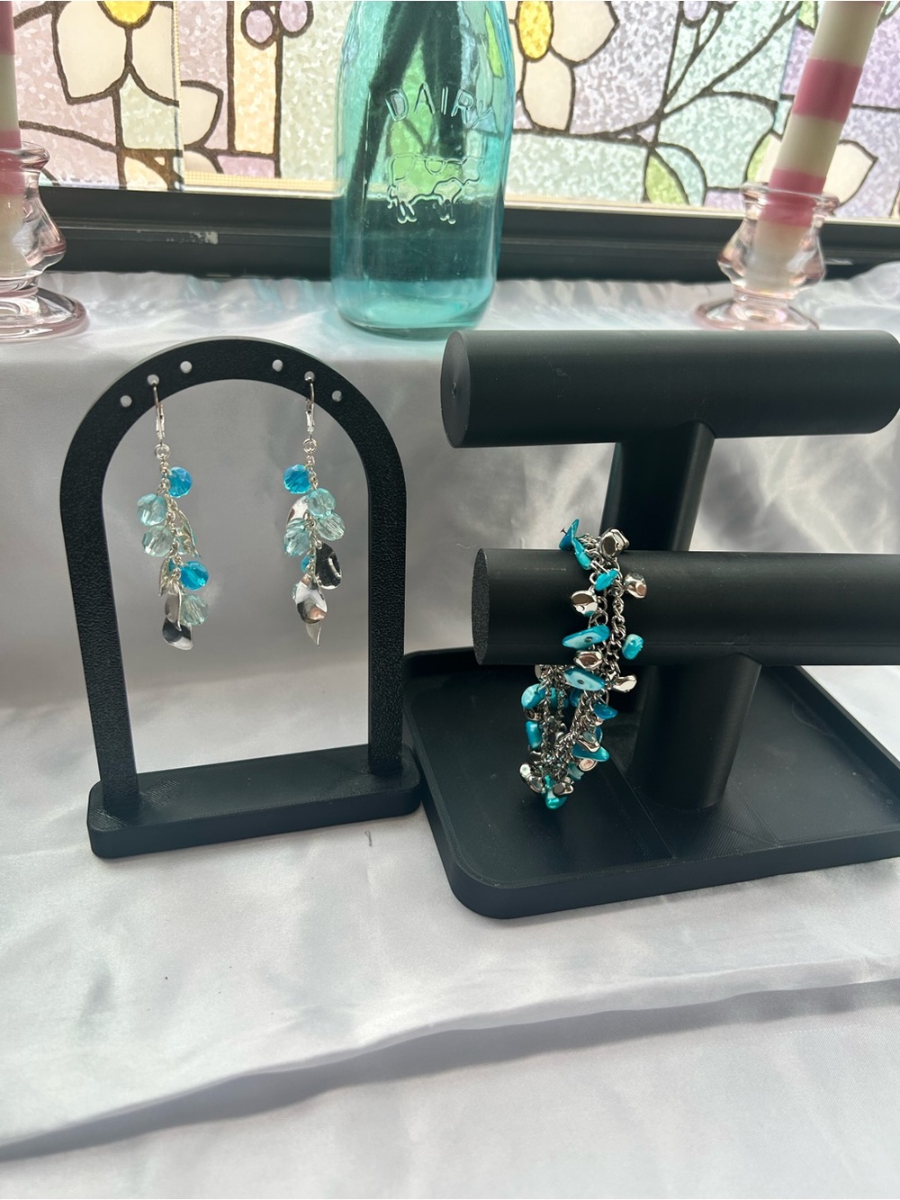 Blue Crystal Cluster Earrings & Turquoise Beaded Bracelet Set — Women Jewelry